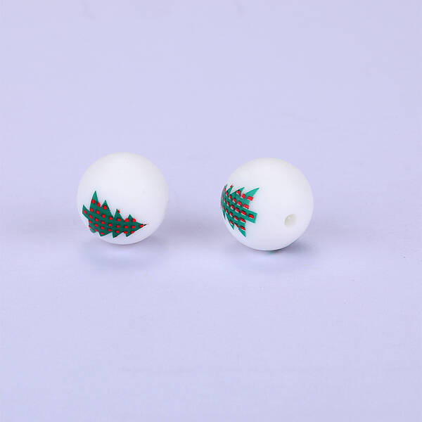 Christmas Printed Round with Christmas Tree Pattern Silicone Focal Beads