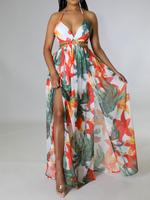 Women's Ditsy Floral Print Backless Side Slit Chiffon Dress, Boho Fashion Casual Halter Neck Sleeveless Long Dress for Beach ...