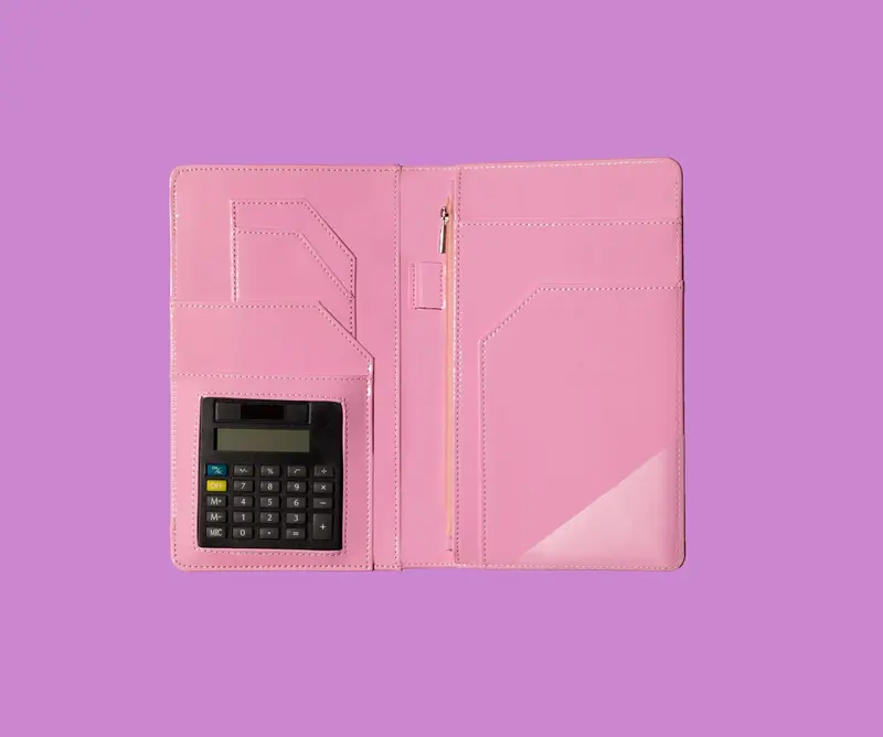 Pink Server Book with Calculator, Magnetic Wallet, Zipper Pocket, Pen Holder, Credit Card Holder, and Pockets