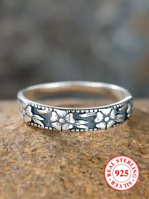S925 Sterling Silver Vintage Flower Embossed Ring, Unique Rings, Fashion Accessories for Women & Girls, Trendy All-match & Ex...