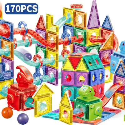 Dinosaur Race Track Magnetic Building Tiles - STEM Educational Construction Blocks, Montessori Magnet Tiles Set, 4D Diamond C...