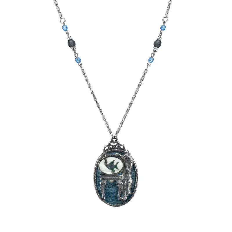 Pewter Cat with Blue Enamel Fishbowl Beaded Necklace 30in