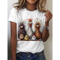 Elegant Cartoon Chicken Print Round Neck T-shirt, Short Sleeve Crew Neck Top for Women, Casual Summer Gift