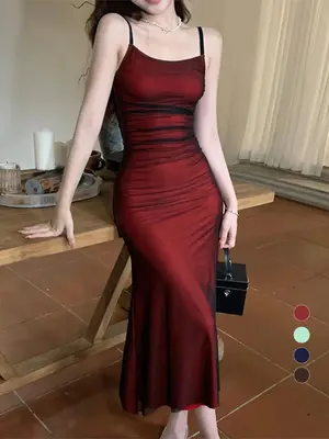 Women's Plain Ruched Cami Dress, Elegant Sleeveless Spaghetti Strap Bodycon Long Dress for Party Club Dating Wear, Ladies Cl...