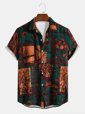 Men's Colorblock & Floral Patchwork Print Button Front Shirt, Regular Fit Boho Casual Short Sleeve Collared Shirt for Summ...