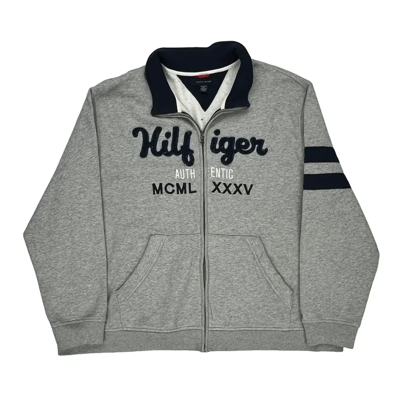 Tommy Hilfiger Spellout Zip Up - 2XL Grey Cotton Blend