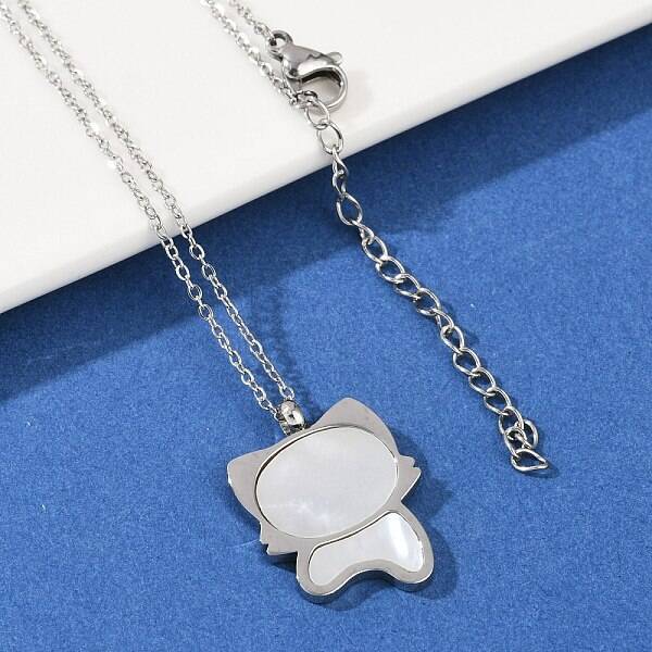 304 Stainless Steel Pave Natural White Shell Cute Cat Shaped Pendant Necklaces for Women