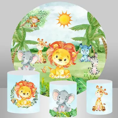 Aperturee Jungel Animals And Sun Round Boys Baby Shower Backdrop | Circle Backdrop Baby Shower | Round Party Backdrop | Baby ...