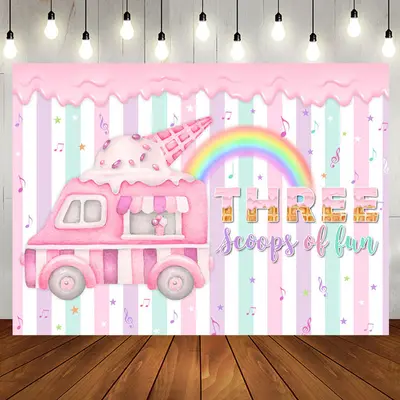 Three Scoops Of Fun Ice Cream 3rd Birthday Backdrop - Aperturee