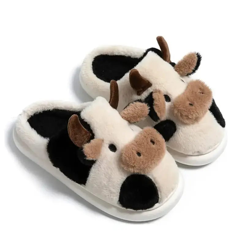 1 Pair Best-selling Cute Cow House Slippers for Couple, Kawaii Fuzzy Cozy Funny House Shoes, Cartoon Animal Design Plush Fluf...