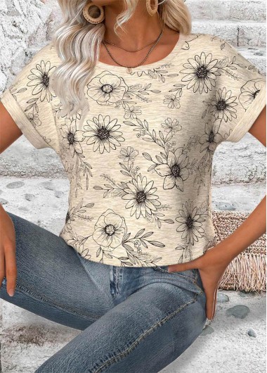 Modlily Light Camel Floral Print Short Sleeve T Shirt - XL