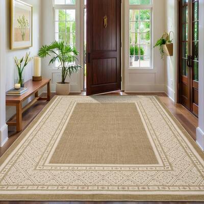 Garvee Modern Neutral Bordered Area Rug Flaxen 5'x7' Soft Washable Non-Slip Polyester Low-Pile Durable Living Room Bedroom Of...