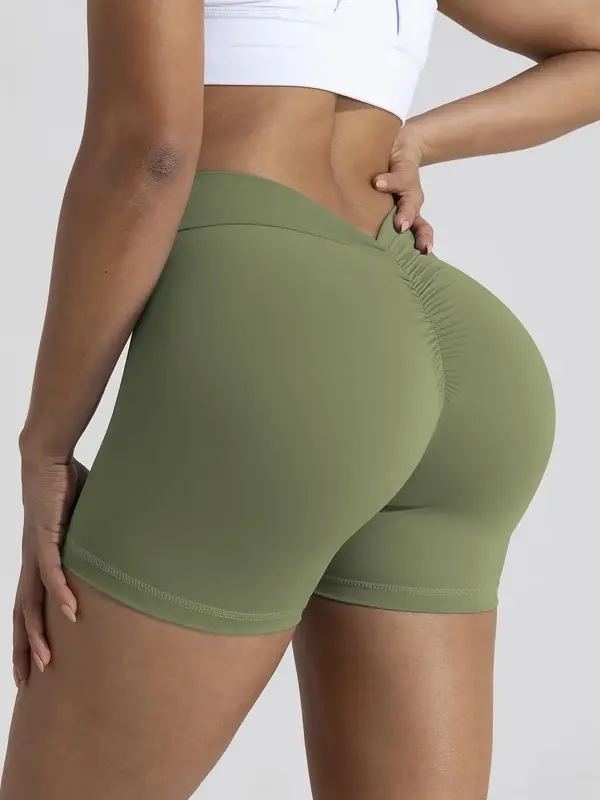 Women's Solid Ruched Sports Gym Shorts, Casual Comfy Breathable V-Shaped Waist Skinny Shorts for Yoga Gym Workout Running, S...