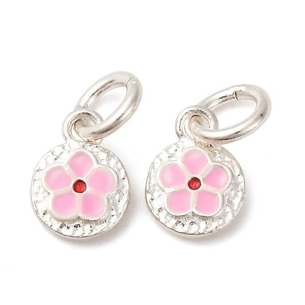 Fine Silver Pearl Pink Enamel Flat Round with Flower Charms