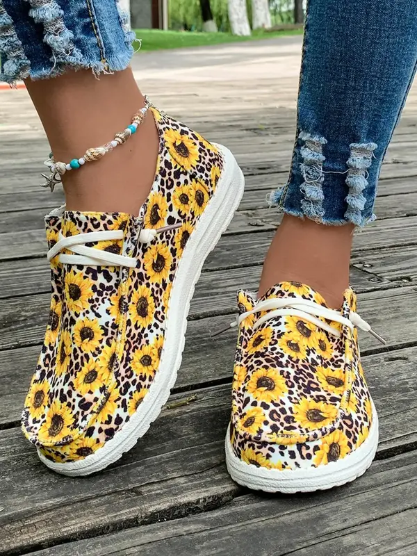 Women's Summer Fashionable Sunflower Print Slip on Sneakers, Casual Comfortable Round Toe Flat Sports Shoes for Daily Wear, A...
