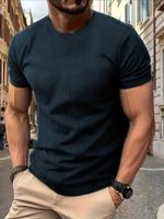 Men's Solid Ribbed Short Sleeve Tee, Regular Fit Casual Comfy Round Neck T-shirt for Summer, Fashion Men's Top for Daily Wear...