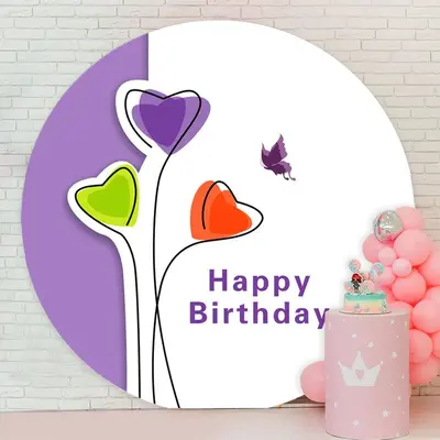 Aperturee Purple Butterfly Round White Birthday Backdrop