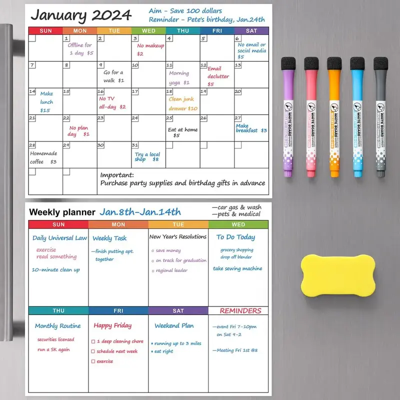 2 Pack 14x11 Dry Erase Magnetic Calendar for Fridge, Monthly & Weekly Planner Whiteboard - Magnet Family Planning Schedul...