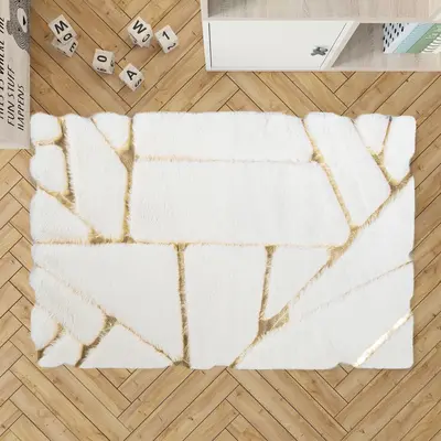 Gold Lined Cream Fur Plush Rug