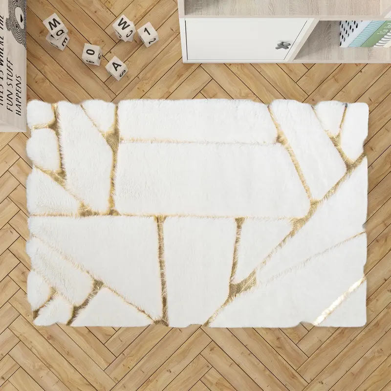 Gold Lined Cream Fur Plush Rug