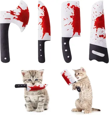 4Pcs 7.5-Inch Horror Knife-Shaped Catnip Crinkly Sound Plush Kitten Bite Kicker Toys for Indoor Exercise All Breeds Funny Cat...