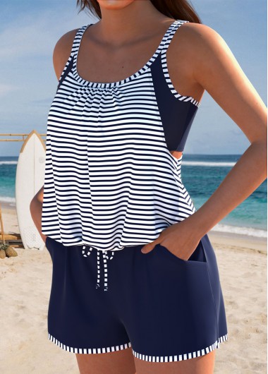 Modlily Striped Pocket Navy One Piece Swimwear - L