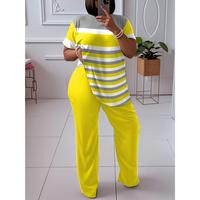 Plus Size Women's Striped Two-Piece Set, Crewneck Short Sleeve Top & Straight Pants, Comfort Fitted Multicolor Casual Suits W...