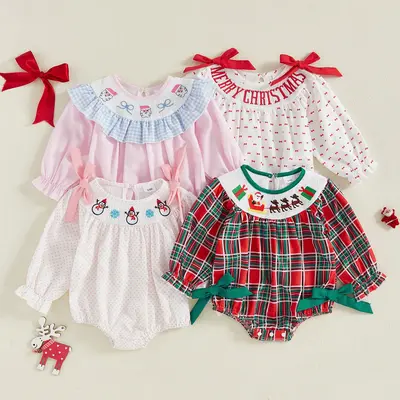 Infant Baby Girls Christmas Romper Long Sleeve Crew Neck Embroidery Bodysuit Clothes 0-18 Months