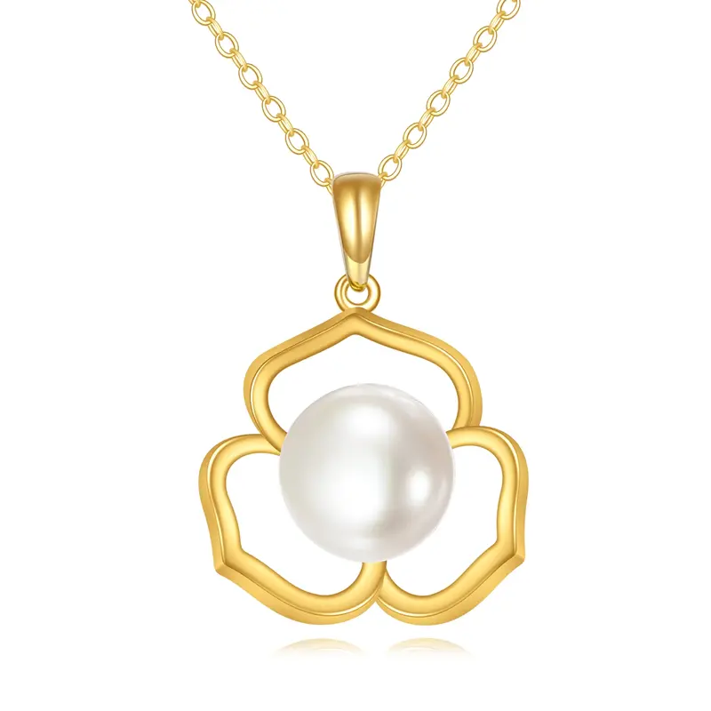 14K Gold 9MM Round Freshwater Pearl Flower Pendant Necklace
