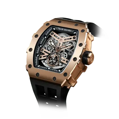 TSAR BOMBA Men's Automatic Watch | Rose Golden Black | Stainless Steel Case | Japanese Mechanical Skeleton Movement | Luxury ...