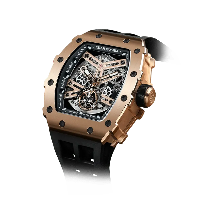 TSAR BOMBA Men's Automatic Watch | Rose Golden Black | Stainless Steel Case | Japanese Mechanical Skeleton Movement | Luxury ...