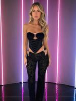 2 Piece Co-ord Set Women's Backless Adjustable Lace Up Tube Top & Ring Linked Pants Set, Asymmetrical Hem Crop Top & Cut Out ...