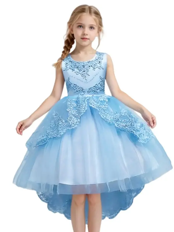 Girl's Floral Embroidery Formal Dress, Elegant Sleeveless Ball Gown for Party Wedding Guest, Kids Clothes for All Seasons