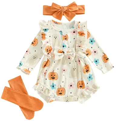 Newborn Baby Girl Halloween Clothes Ruffle Pumpkin Flower Sweater Long Sleeve Romper Bodysuit +Hairband+Socks 3Pcs Fall Winte...