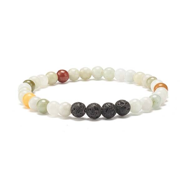 Natural Jadeite & Lava Rock Round Beaded Stretch Bracelet