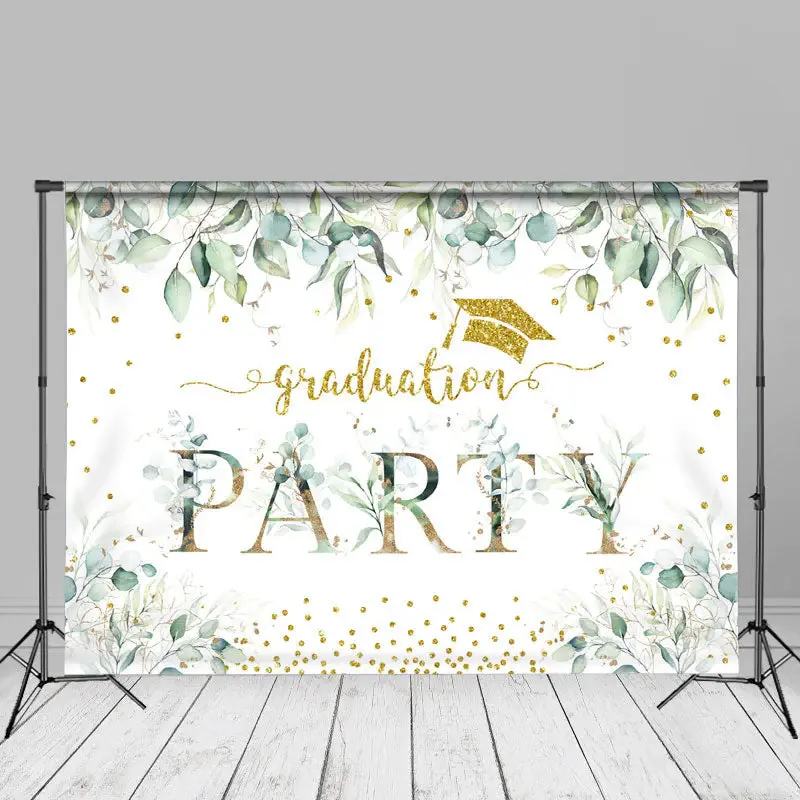 Green Leaves Glitter Graduation Party Backdrop For Photo - Aperturee