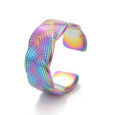 Ion Plating(IP) Rainbow Color 304 Stainless Steel Textured Open Cuff Ring for Women