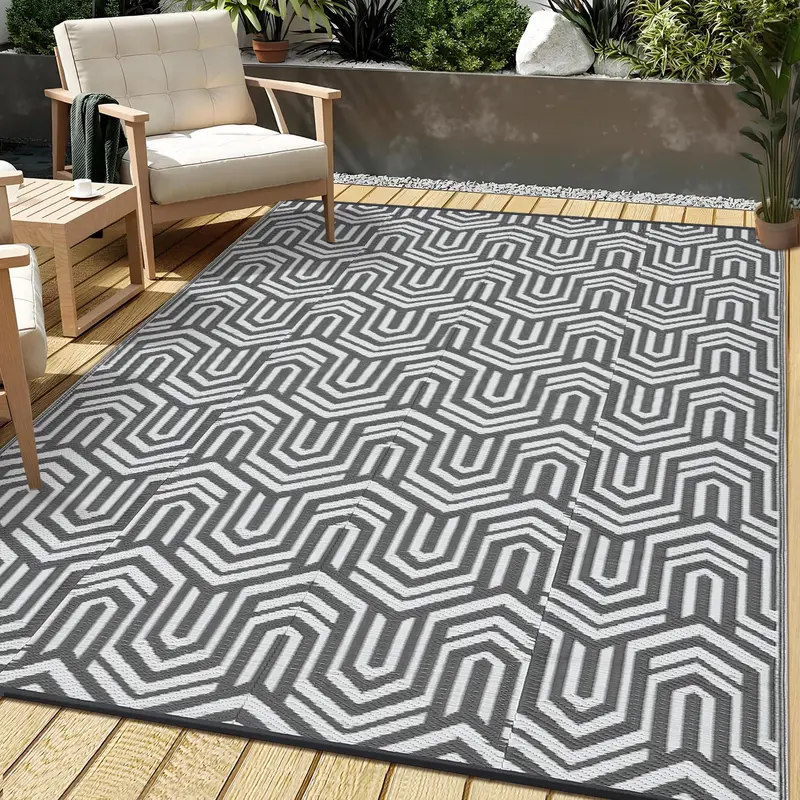 Garvee Reversible Outdoor Plastic Mat - Waterproof Lightweight Grey Patio Rug - Modern Geometric Low-Pile Camping Carpet - Ea...