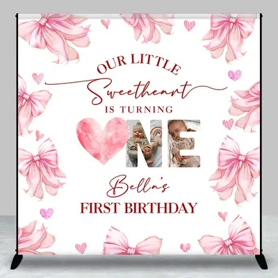 Aperturee White Pink Bow Tie Custom Name 1st Birthday Backdrop, 3X3FT(1X1M), 15 USD, custom birthday backdrops, DZDM1Y84-O