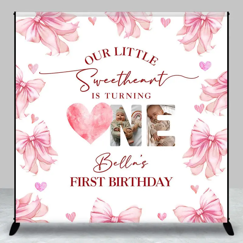 Aperturee White Pink Bow Tie Custom Name 1st Birthday Backdrop, 3X3FT(1X1M), 15 USD, custom birthday backdrops, DZDM1Y84-O