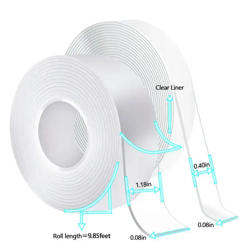 2 Rolls Double Sided Tape Heavy Duty(9.85FT) - 1.18in + 0.40in Width, Strong Adhesive, Transparent & Waterproof | Multipurpos...