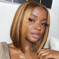 Put On And Go Glueless Wigs Human Hair Pre Cut Ombre 4/27 Highlight Short Bob Wig Human Hair For Women 180 Density 6x4 Closur...