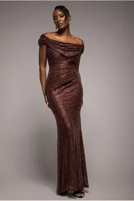 Goddiva Cap Sleeve Iridescent Sequin Cowl Maxi Dress - Brown