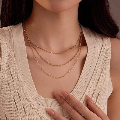 304 Stainless Steel 3 Layer Chain Necklaces for Women