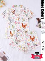 Women's All Over Floral Print Lapel Neck Button Front Pocket Shirt & Elastic Waist Shorts Pajama, Casual Comfy Short Sleeve T...