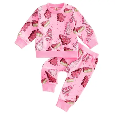 Infant Toddler Baby Girl Christmas Outfits Long Sleeve Christmas Tree Cake Print Crew Neck Sweatshirt Pullover Tops Jogger Pa...