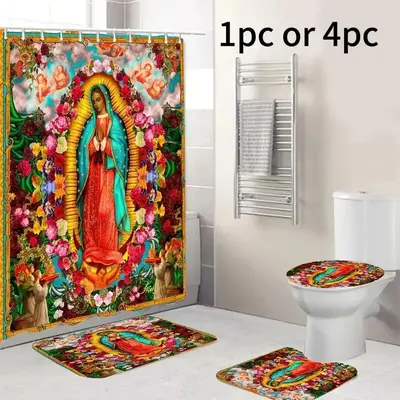 Creative Pattern Bathroom Curtain with 12pcs Hooks, 1/4pcs Non-slip Water Absorption Toilet Carpet, Bathroom Decorative Suppl...