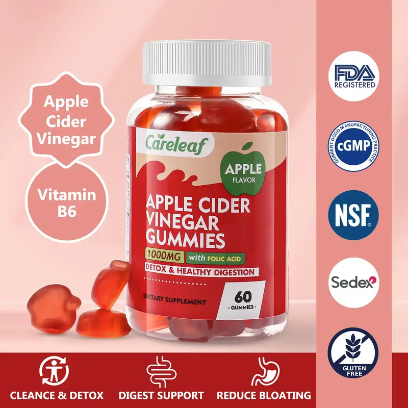 Careleaf 1000mg Apple Cider Vinegar Gummies with Beetroot,Vitamin B12 & B6,Support Digestion,Gut Health & Metabolic Function,...