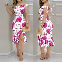 ChicMe Women's Floral Print Off Shoulder Bodycon Dress Ruffle Hem Slim Fit Dress Asymmetrical Womenswear summer outfits sundr...