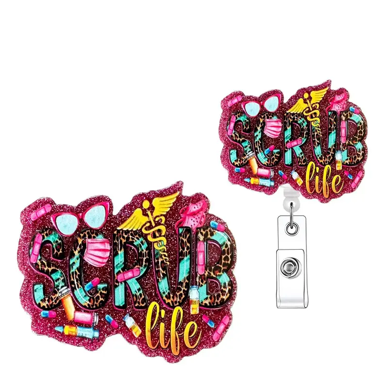 Glittery Scrub Design Badge Holder with ID Clip, 1 Count Scrub Life Retractable Badge Reel, Acrylic Name Badge Holder for Off...